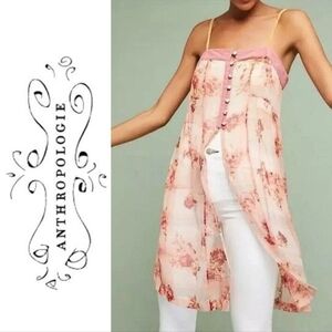 Anthropologie Feather Bone Everly Pink Sheer Floral Tunic Tank Top